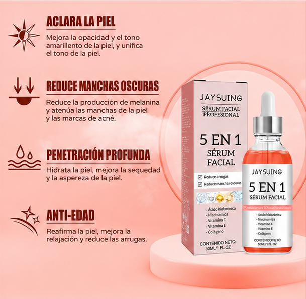 Sérum Facial Antiedad 5 en 1 con Ácido Hialurónico, Niacinamida, Vitamina C, Vitamina E y Colágeno.