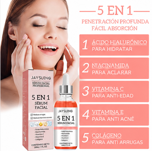 Sérum Facial Antiedad 5 en 1 con Ácido Hialurónico, Niacinamida, Vitamina C, Vitamina E y Colágeno.