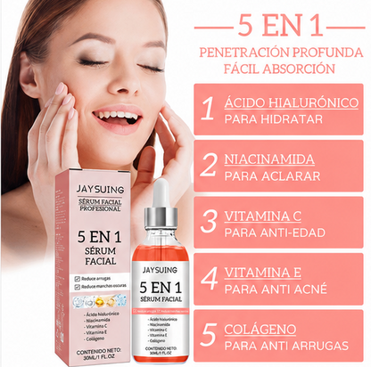 Sérum Facial Antiedad 5 en 1 con Ácido Hialurónico, Niacinamida, Vitamina C, Vitamina E y Colágeno.