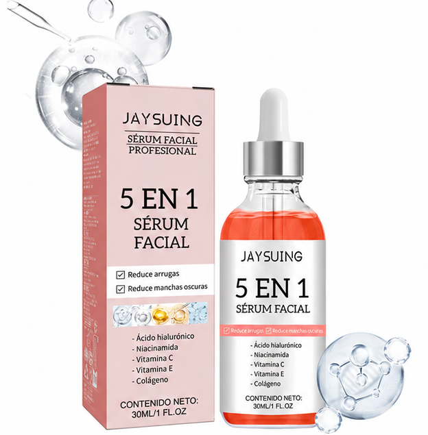 Sérum Facial Antiedad 5 en 1 con Ácido Hialurónico, Niacinamida, Vitamina C, Vitamina E y Colágeno.